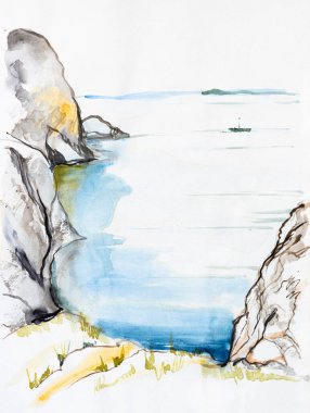 Sahilde kayalar ve taşlarla suluboya resim