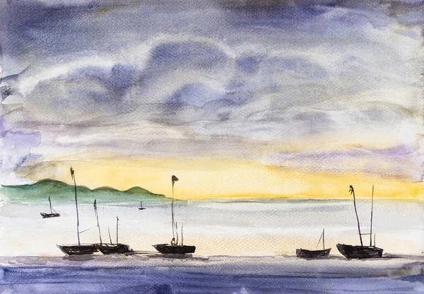 Panorama Moře Rybářskými Čluny Při Západu Slunce Akvarel — Stock fotografie