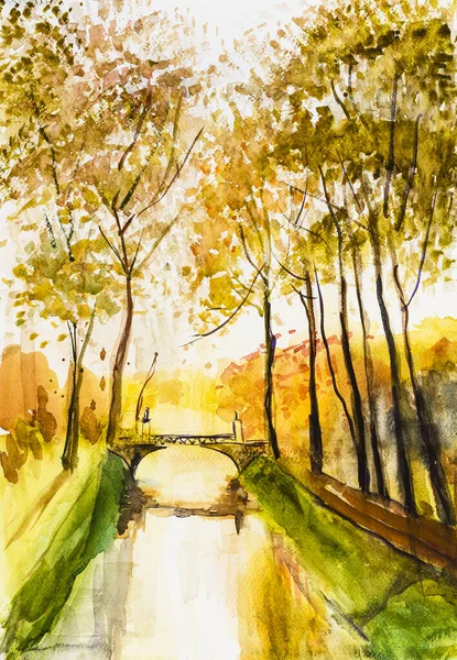 Scénická Řeka Během Zlatého Podzimu Akvarel — Stock fotografie