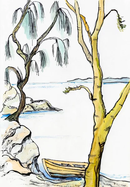 Jezero Kameny Kameny Pláži Akvarel — Stock fotografie