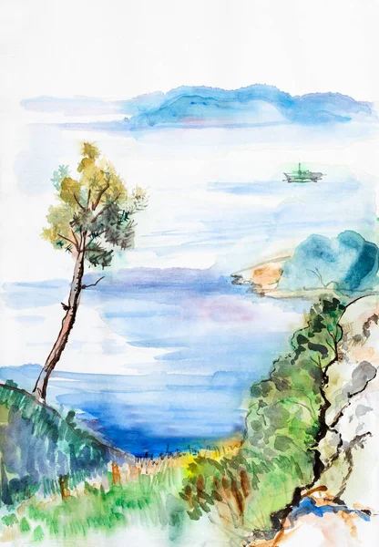 夏のバイカル湖への眺め 水彩画 — ストック写真