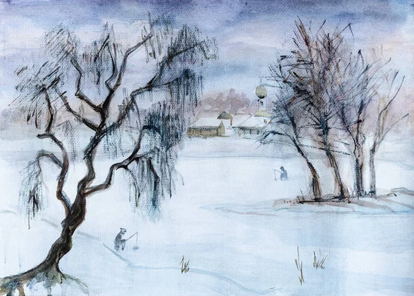 Rural Winter Landscap Frozen Lake Watercolor Painting Stock Picture