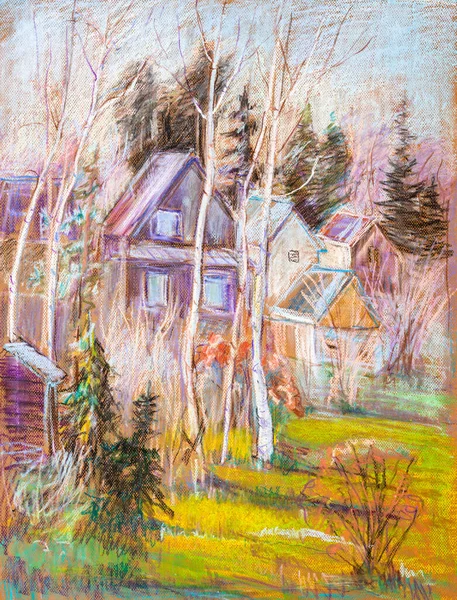 Autumn Sunny Day Moscow Region Oil Pastel Painting Stock Image