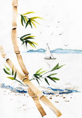 Deniz kenarında yetişen bambu, suluboya çizimler.