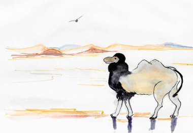 Sıcak ve güneşli bir günde, büyük çölde deve, suluboya çizimi.