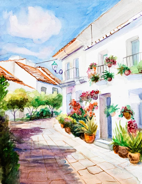 Smalle Straat Italiaanse Stad Zonnige Zomerdag Aquarelfoto Rechtenvrije Stockfoto's