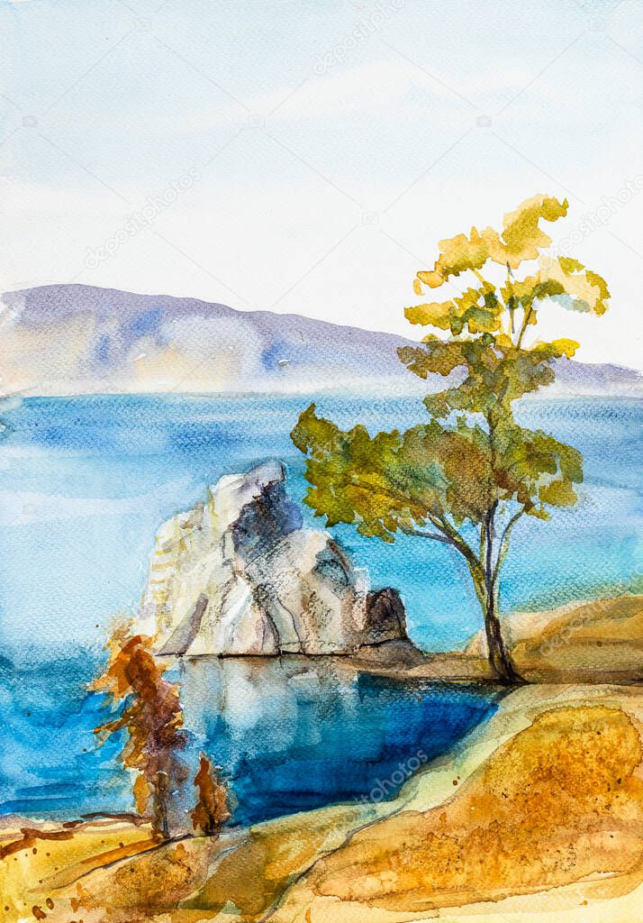 view to lake Baikal in siberia, watercolor painting