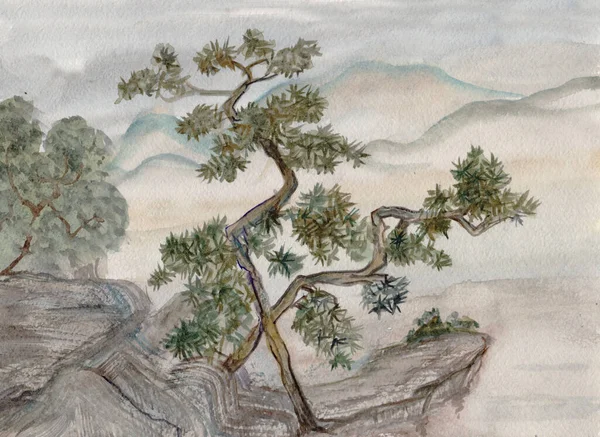 山や水彩画を背景に背の高い松は — ストック写真
