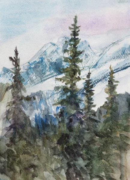 雪峰附近的老冷杉树 水彩画 — 图库照片