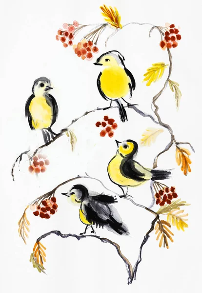 Yellow Breasted Tits Rowan Watercolor Painting Stock Photo