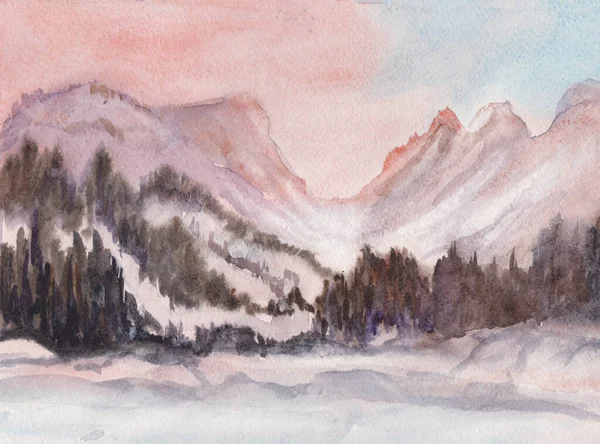 Wintersonnenuntergang Schneebedeckten Bergen Aquarellbild Stockbild