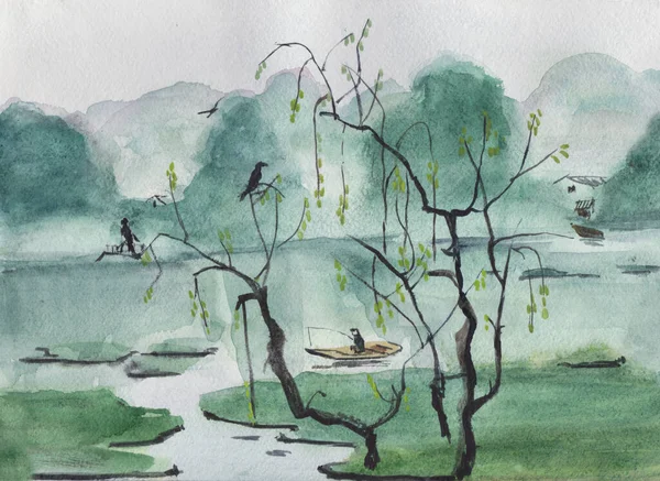 柳が生い茂る静かな川水彩画 ロイヤリティフリーのストック画像