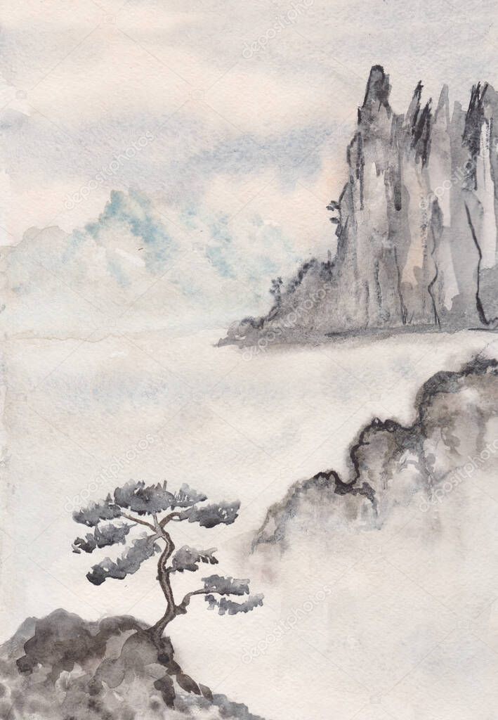 rocks in the sea on a foggy day, watercolor picture
