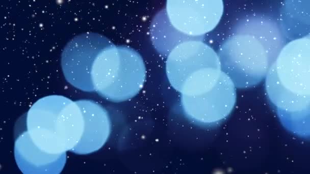 Havazás téli nyaralás háttér, kék bokeh elvont overlay és ünnepi fények hatása, hó és karácsonyi csillogás — Stock videók