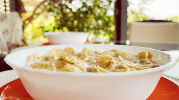 Ciotola di cereali con latte per la colazione all'aperto in estate — Video Stock