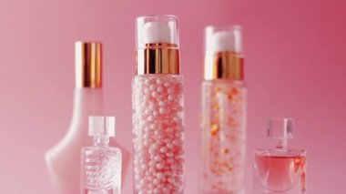 Güzellik, makyaj ve kozmetik ürünleri pembe arka plan, parfüm, parfüm ve cilt şişeleri üzerine promosyon