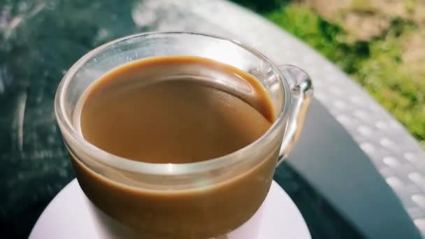 Kaffee mit Milch, Tasse auf dem Tisch im Sommer — Stockvideo