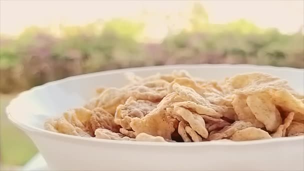 Müslischale mit Milch zum Frühstück im Sommer im Freien — Stockvideo