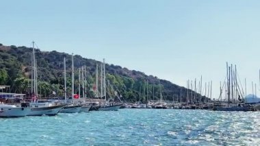 Deniz, yat ve seyahat konsepti, gün batımında körfezde tekneler ve yatlar