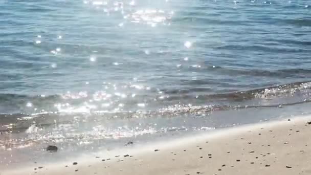 Sandy beach and coastal nature concept. Blue sea waves and sand in sunshine glow — Stock Video