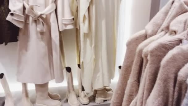 Vestuário de varejo e conceito de moda sustentável. Variedade de roupas femininas de luxo, coleção de outono e inverno na loja de marca de mercado de massa — Vídeo de Stock