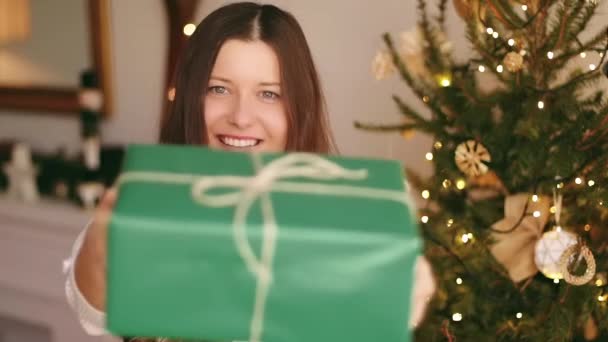 Christmas holiday and sustainable gift concept. Happy smiling woman holding wrapped present with eco-friendly green wrapping paper — Stock Footage Christmas holiday and sustainable gift concept. Happy smiling woman holding wrapped present with eco-friendly green wrapping paper Video Clip