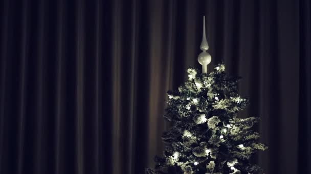 Noel ağacı ve tatil dekorasyonu konsepti. Lüks iç tasarım tarzı için ışık ve çelenklerle minimalist xmas ağaç süslemesi — Stok video