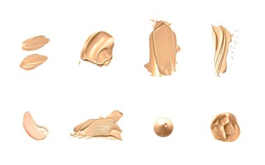 Beyaz arka planda izole edilmiş bej güzellik kozmetik dokusu, lekeli makyaj emülsiyon kremi lekesi veya temel lekesi, ezilmiş kozmetik ürünler ve boya vuruşları