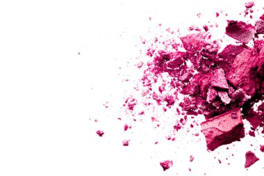 Toz kozmetik ürünleri, mineral organik göz farı, kızartıcı ya da ezilmiş kozmetik ürünler beyaz arka plan, makyaj ve güzellik afişi, düz tabela tasarımı