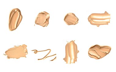 Beyaz arka planda izole edilmiş bej güzellik kozmetik dokusu, lekeli makyaj emülsiyon kremi lekesi veya temel lekesi, ezilmiş kozmetik ürünler ve boya vuruşları