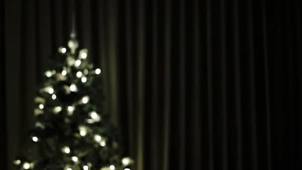 Kerstboom en vakantie decor concept. Minimalistische kerstboom decoratie met verlichting en slinger voor luxe interieur stijl — Stockvideo