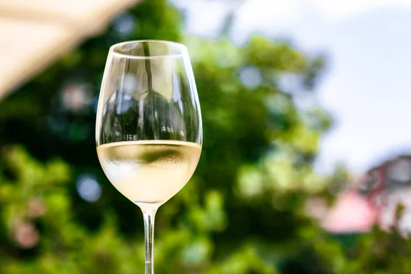 Белое вино в роскошном ресторане на летней террасе в саду, дегустация вин на винодельне в винограднике, изысканный тур и отдых — стоковое фото