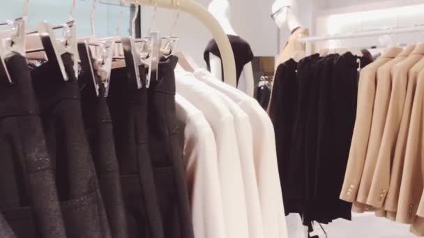 Vêtements de détail et concept de mode durable. Assortiment de vêtements de luxe pour femmes, collection automne et hiver dans le magasin de la marque grand public — Video