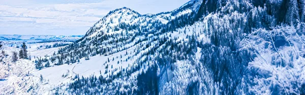 Téli csodaország és varázslatos karácsonyi táj. Havas hegyek és erdő borított hó, mint üdülési háttér — Stock Fotó