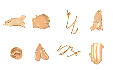 Beyaz arka planda izole edilmiş bej güzellik kozmetik dokusu, lekeli makyaj emülsiyon kremi lekesi veya temel lekesi, ezilmiş kozmetik ürünler ve boya vuruşları