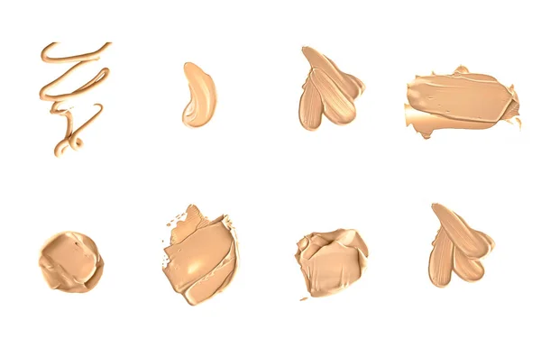 Beige skönhet kosmetisk konsistens isolerad på vit bakgrund, suddig makeup emulsion grädde smutskastning eller foundation fläck, krossade kosmetika produkt och måla stroke — Stockfoto