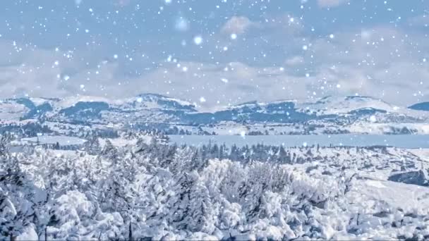Winter Wonderland i śnieg krajobraz Bożego Narodzenia. Snowfall w górach i lesie pokryte śniegiem jako tło wakacje — Wideo stockowe