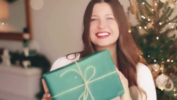 Vacaciones de Navidad y regalo para su concepto. Feliz mujer sonriente sosteniendo envuelto caja de regalo en casa, árbol de Navidad en el fondo y brillo brillante efecto bokeh — Vídeo de stock