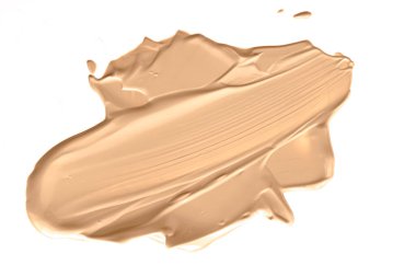 Beyaz arka planda izole edilmiş bej güzellik kozmetik dokusu, lekeli makyaj emülsiyon kremi lekesi veya temel lekesi, ezilmiş kozmetik ürünler ve boya vuruşları