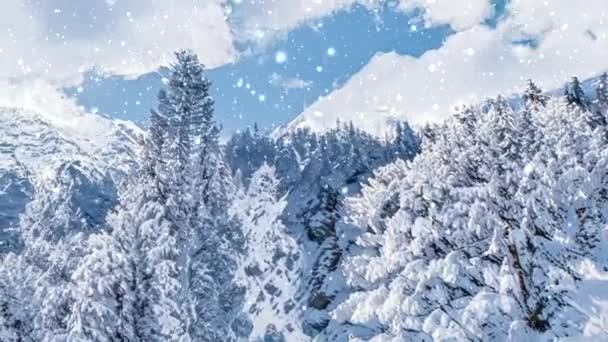 Maravilhas de inverno e nevando paisagem de Natal. Cachoeira na floresta, árvores cobertas de neve como fundo de férias — Vídeo de Stock