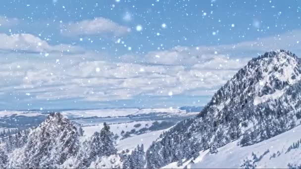 Vinterlandskap och snöar jullandskap. Snöfall i berg och skog täckt med snö som semesterbakgrund — Stockvideo