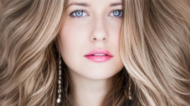 Saç modeli ve güzellik suratlı yakın plan. Uzun düz sarı saçlı güzel bir kadın kıvırcık dalgalar şeklinde, klasik cazibe stili ve lüks moda portresi.