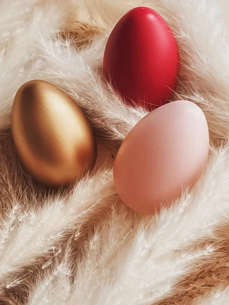 Feliz Pascua Huevos Pascua Pintados Colores Sobre Fondo Rústico Religión — Foto de Stock