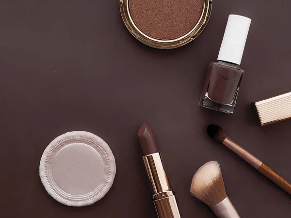 Skönhet Make Och Kosmetika Platt Design Med Copyspace Kosmetiska Produkter — Stockfoto