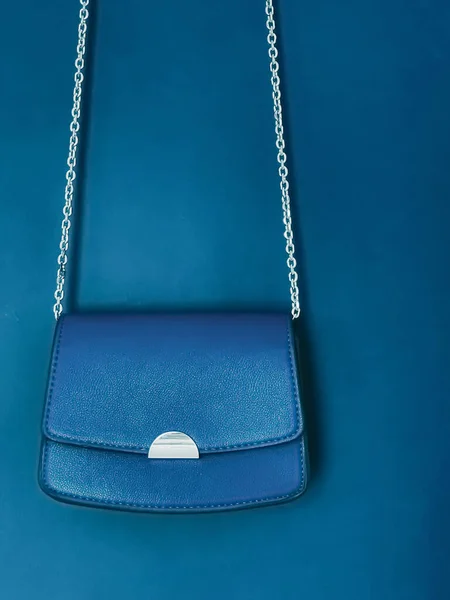 デザイナーバッグとして銀の詳細とブルーファッショナブルなレザー財布とスタイリッシュなアクセサリー 女性のファッションと高級スタイルのハンドバッグコレクションコンセプト — ストック写真
