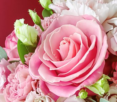 Beautiful bouquet of pink blooming flowers as holiday gift, luxury floral design concept