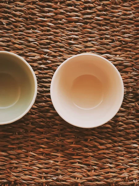 Small Empty Ceramic Measure Bowls Rustic Wicker Background Food Preparation — Fotografia de Stock