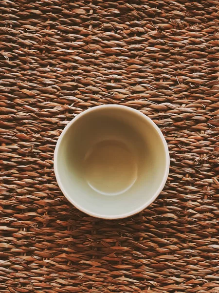 Small Empty Ceramic Measure Bowls Rustic Wicker Background Food Preparation — Stockfoto