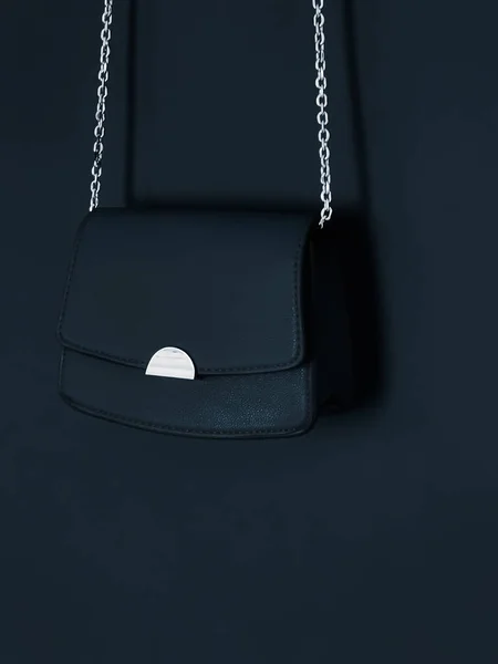 Black Fashionable Leather Purse Silver Details Designer Bag Stylish Accessory — Stock Photo, Image