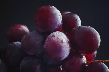 Tahta masada olgun sulu koyu üzümler, yemek ve şarap, organik meyve kavramı